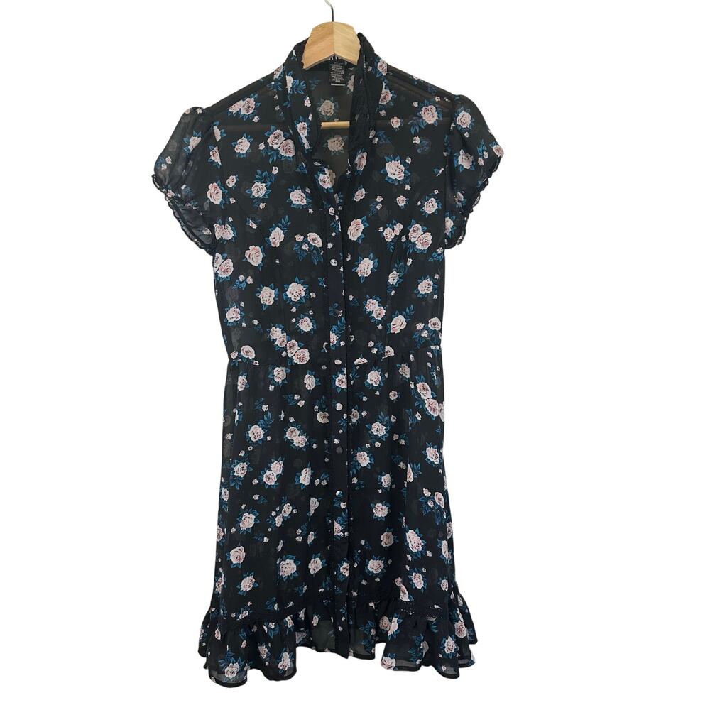 Hot Topic Floral Button-Down Black Chiffon Lace Collar Mini Dress‎ Womens Size M